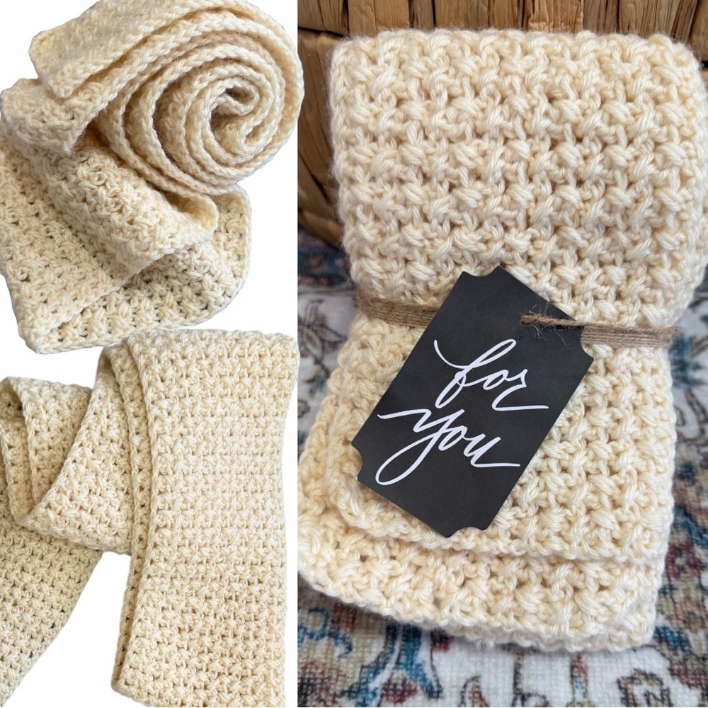 Vintage Handmade Cream Crochet Long Knit Scarf 71-73” Long Gift Wrapped